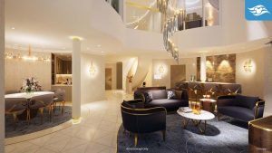 Luxurious modern interior featuring an elegant living area with plush sofas, a dining space, and stylish lighting accents.