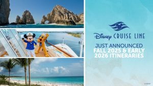 Disney Cruise Line announcement featuring Mickey Mouse and Pluto on a ship, with scenic views and details of itineraries for Fall 2025 and early 2026.