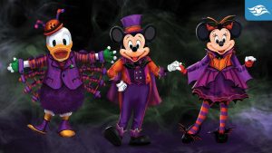 Three cartoon characters in Halloween costumes stand together: Mickey Mouse in a purple suit, Minnie Mouse in a witch outfit, and Donald Duck in festive attire.