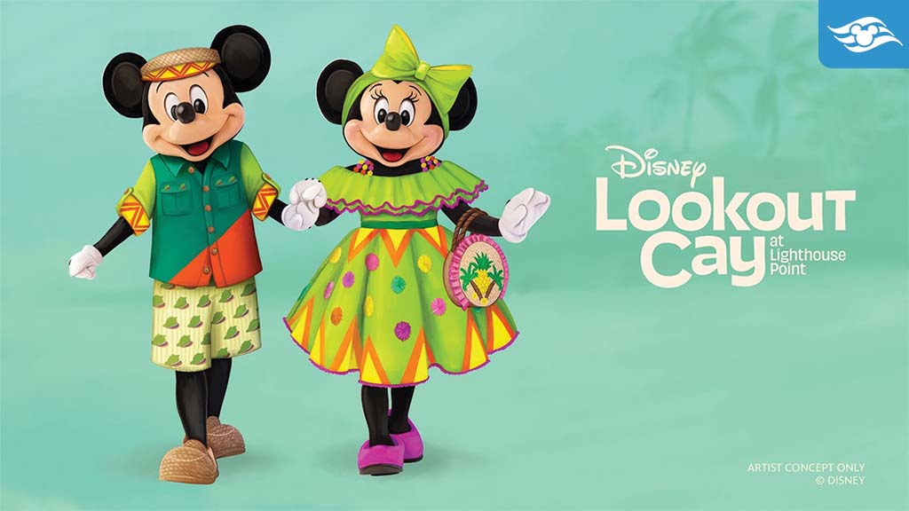 Mickey and Minnie Mouse are holding hands, dressed in colorful tropical outfits, with "Disney Lookout Cay" text in the background.