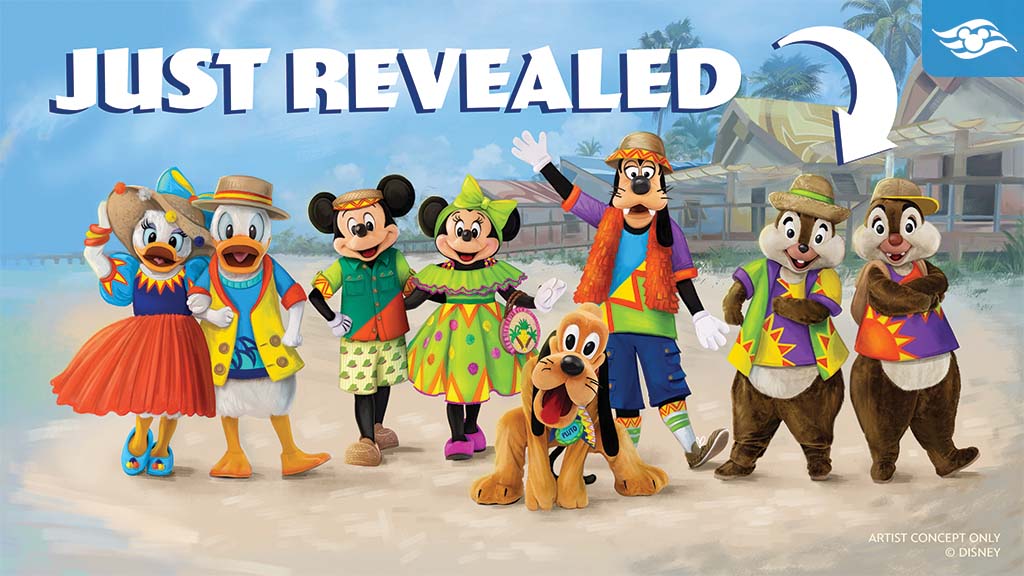 disney-cruise-line-lookout-cay-lighthouse-point-character-outfits A vibrant scene featuring seven animated characters in colorful outfits on a beach, with the text "JUST REVEALED" prominently displayed.