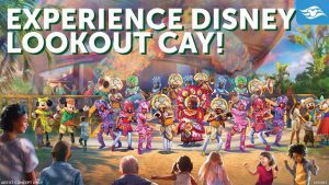 A vibrant scene at Disney Lookout Cay, featuring characters in colorful costumes and guests enjoying the festivities under a tropical setting.