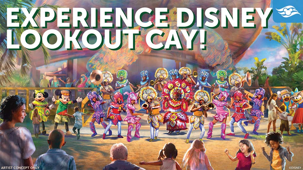 A vibrant scene at Disney Lookout Cay, featuring characters in colorful costumes and guests enjoying the festivities under a tropical setting.