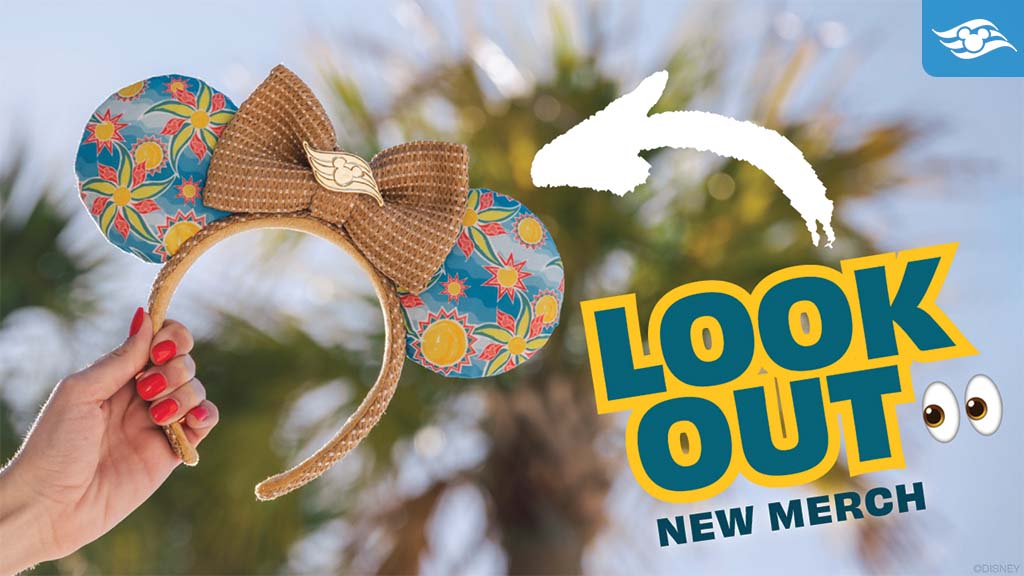 A hand holds a pair of colorful mouse ear headbands adorned with a bow, with text promoting new merchandise in the background.