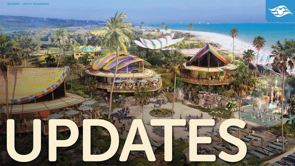 disney-cruise-line-lookout-cay-lighthouse-point-updates A vibrant beach scene featuring colorful structures amidst palm trees, with "UPDATES" text prominently displayed at the bottom.