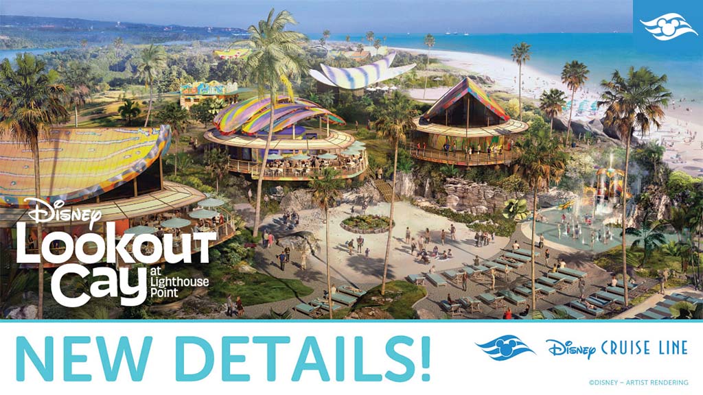 A vibrant beachside view of Disney's Lookout Cay, featuring colorful structures, palm trees, and inviting lounging areas.