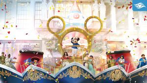 A Disney Cruise Line float with Mickey Mouse, Moana, Aladdin, and others standing on ship bows, surrounded by confetti in a festive parade setting, celebrating Disney magic.