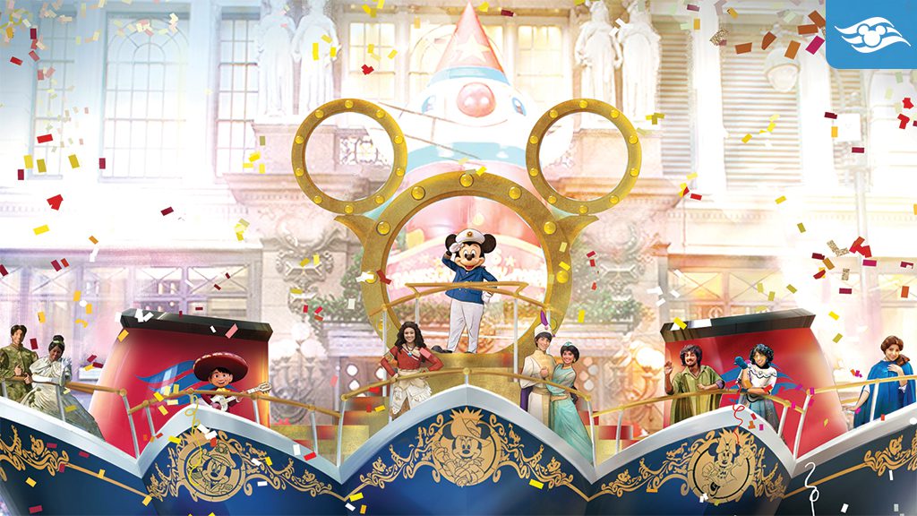 disney-cruise-line-macys-thanksgiving-parade-float A Disney Cruise Line float with Mickey Mouse, Moana, Aladdin, and others standing on ship bows, surrounded by confetti in a festive parade setting, celebrating Disney magic.