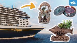 A Disney cruise ship sails in the ocean, with decorative items featuring marine themes and plants highlighted alongside it.