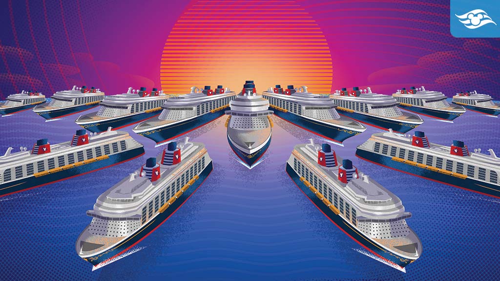 Illustration of a fleet of Disney Cruise Line ships sailing in formation under a vibrant sunset, featuring bold colors and stylized waves, with the Disney Cruise Line logo in the corner.