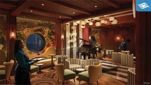 Cozy lounge with a grand piano, soft lighting, elegant seating, and a staff member serving drinks. A large window offers a scenic view.