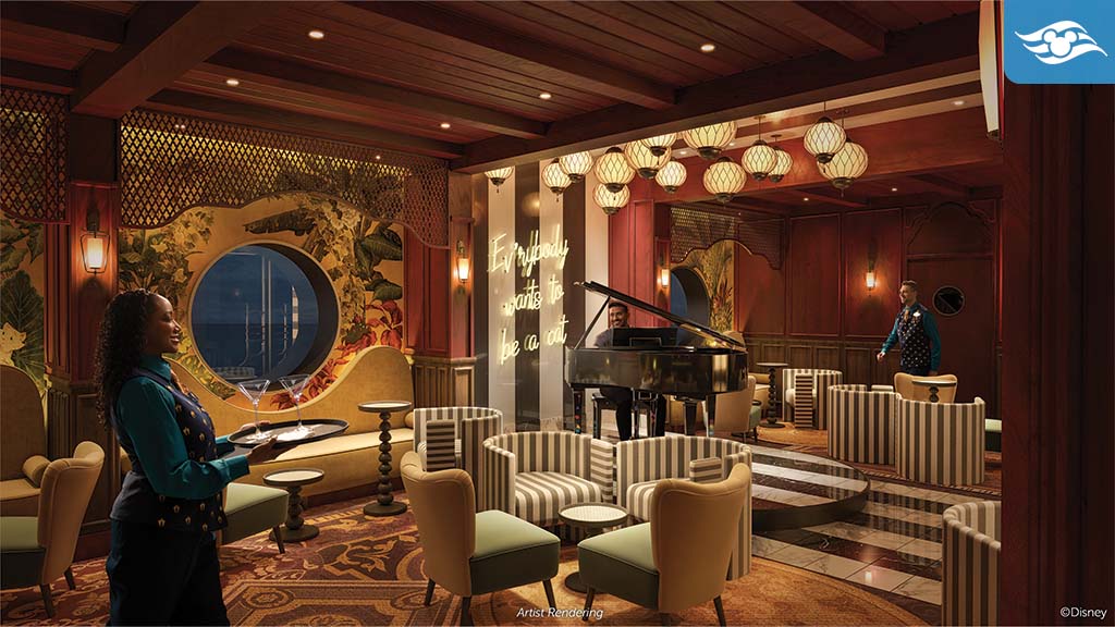 disney-cruise-line-treasure-aristocats-lounge Cozy lounge with a grand piano, soft lighting, elegant seating, and a staff member serving drinks. A large window offers a scenic view.