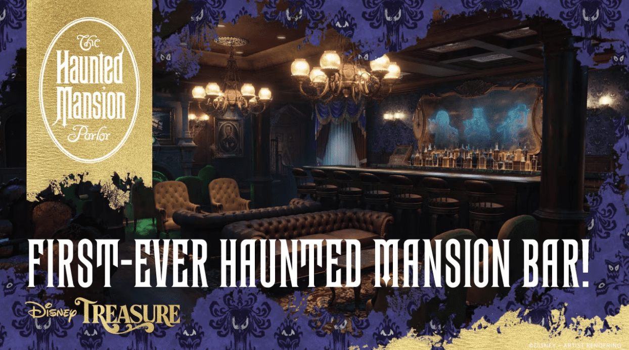 A cozy bar inspired by the Haunted Mansion, featuring elegant decor and dim lighting, with the text "First-Ever Haunted Mansion Bar!"