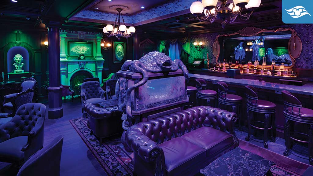 The Haunted Mansion Parlor aboard the Disney Treasure, featuring eerie green and purple lighting, tufted leather seating, a ghostly aquarium centerpiece, a classic fireplace, and a mirrored bar with spectral Hitchhiking Ghosts.