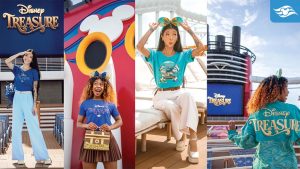 Guests onboard Disney Treasure showcase exclusive merchandise collections, featuring vibrant apparel and accessories, including Disney Treasure logo t-shirts, a treasure chest purse, and a teal jacket with gold accents.