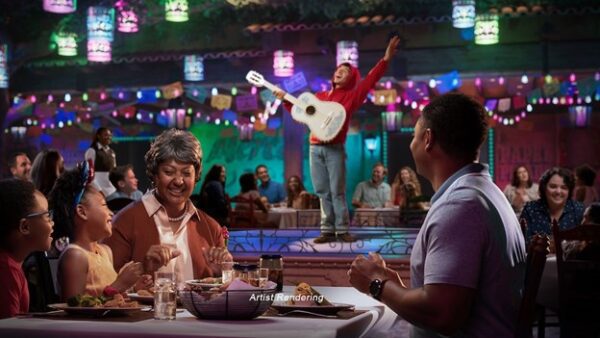 A lively restaurant scene with a performer playing guitar on stage, while a family enjoys their meal at a table, surrounded by colorful lights.