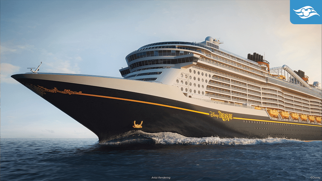 A large cruise ship is sailing on calm waters, showcasing its sleek design and multiple decks against a clear sky.