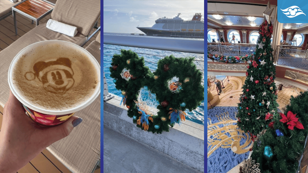 Three-panel holiday cruise scene: Mickey latte art, Mickey-shaped wreaths by the ship, and a decorated tree in the atrium.