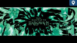 A green and black graphic featuring the text "Halfway to Halloween" with stylized, spooky illustrations surrounding it.