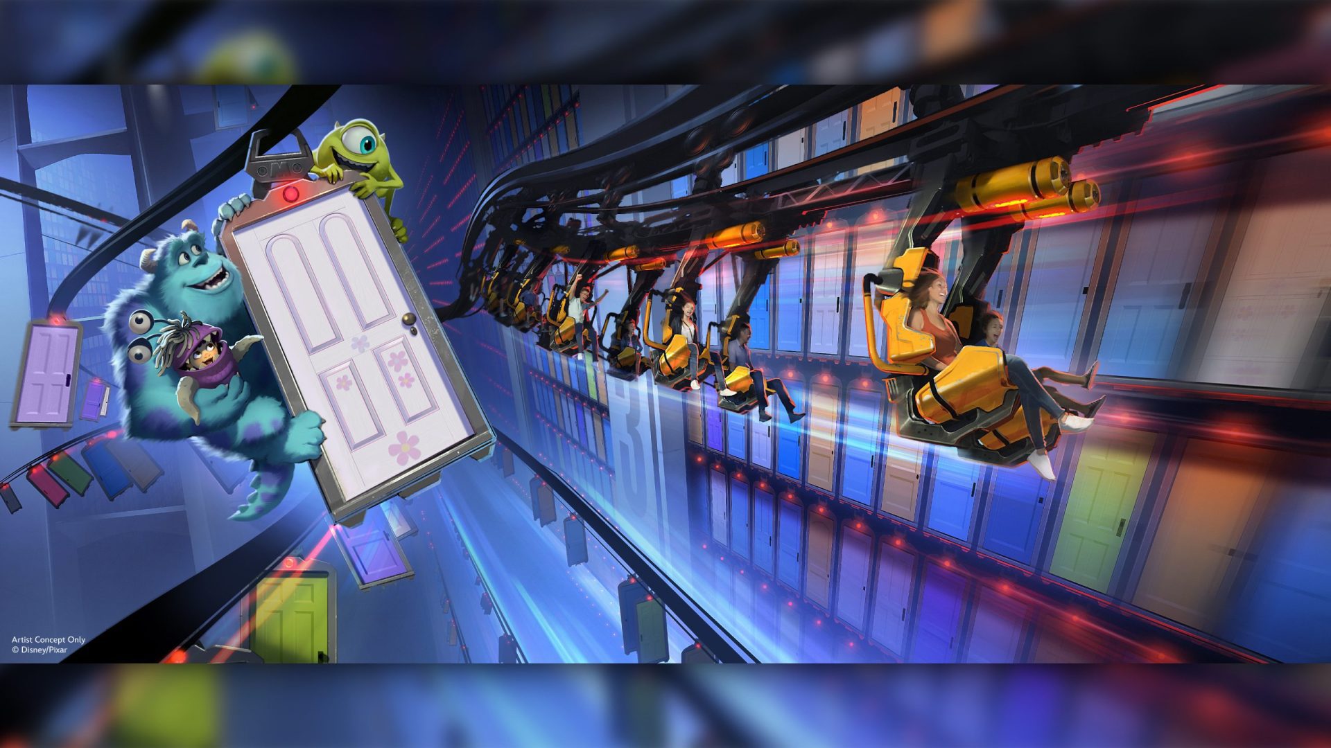 A colorful animated scene featuring a character next to a door, with several yellow figures moving along a track in a vibrant, high-tech setting.