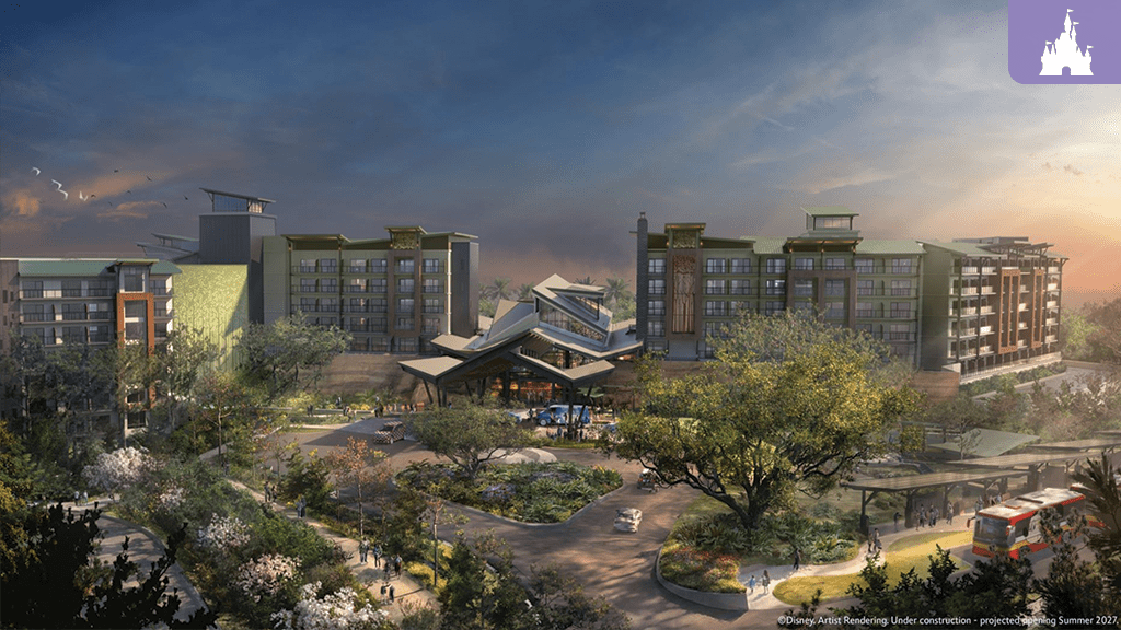 Disney Lakeshore Lodge artist rendering at Walt Disney World featuring a nature-inspired resort entrance surrounded by lush landscaping and Bay Lake views.