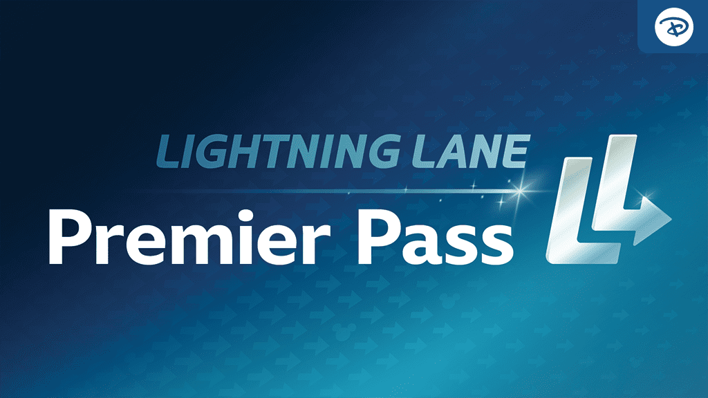The image shows the "Lightning Lane Premier Pass" logo on a blue background with arrows. It features bold text, a stylized "LL" logo with an arrow, and a small Disney icon.
