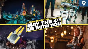 Collage of Star Wars Day celebrations at Disney Parks featuring Batuu’s glowing spires, droid characters, themed dessert, and Ahsoka Tano character.