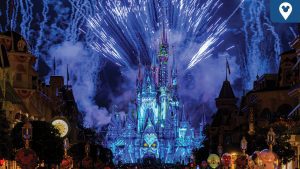 Cinderella Castle illuminated with Halloween-themed projections and fireworks during Disney’s Not-So-Spooky Spectacular at Magic Kingdom.