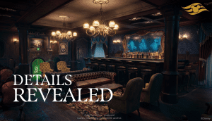A dimly lit, elegant lounge featuring ornate chandeliers, a bar, and plush seating, with a mysterious atmosphere. Text overlay: "DETAILS REVEALED."