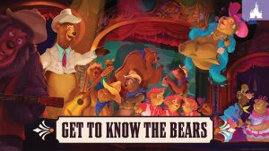A colorful stage scene featuring animated bears in various outfits performing and interacting, with the text "Get to Know the Bears" at the bottom.