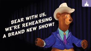 A cartoon bear wearing a cowboy hat and blue suit stands with arms open, inviting viewers to join a rehearsal for a new show.