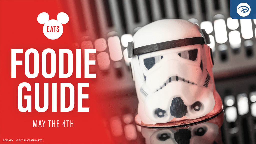 disney-world-disneyland-may-fourth-foodie-guide A Stormtrooper-shaped dessert on a red background, promoting a "Foodie Guide" for May the 4th, with the Disney logo.