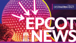 Colorful graphic featuring EPCOT's iconic sphere with arrow elements, accompanied by the text "EPCOT NEWS" and "DESTINATION D23."