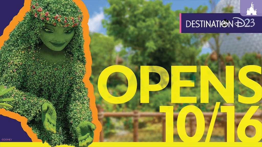 disney-world-epcot-moana-journey-water A green, nature-inspired character stands with outstretched hands, set against a vibrant background. Text reads "OPENS 10/16" and "DESTINATION D23."