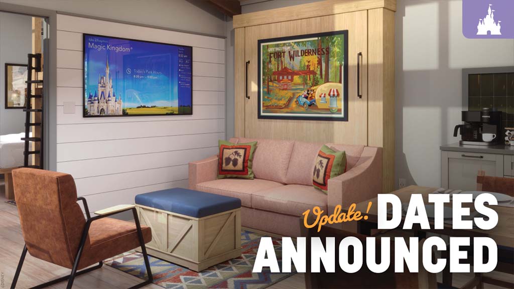 A cozy living room features a pink sofa, colorful artwork on the walls, and a large TV displaying an announcement about dates.