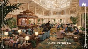 Artist rendering of Disney's Grand Floridian Resort & Spa lobby featuring a new Victorian-inspired bar, elegant seating, lush greenery, and a grand piano centerpiece.