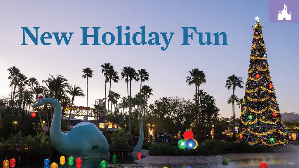 Large, lit Christmas tree and dinosaur figure with festive decorations at Disney's Hollywood Studios, set against a twilight sky. Text reads "New Holiday Fun."