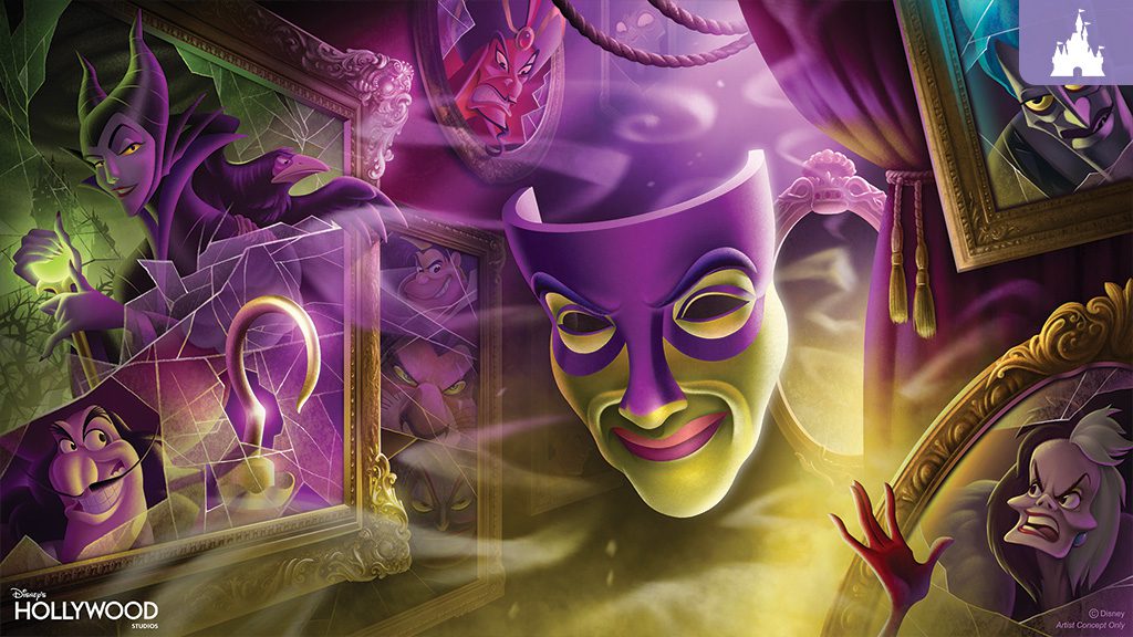disney-world-hollywood-studios-villain-show Disney Villains including Maleficent, Captain Hook, and Cruella de Vil emerge from shattered mirrors in a dark, mystical setting with a purple mask.