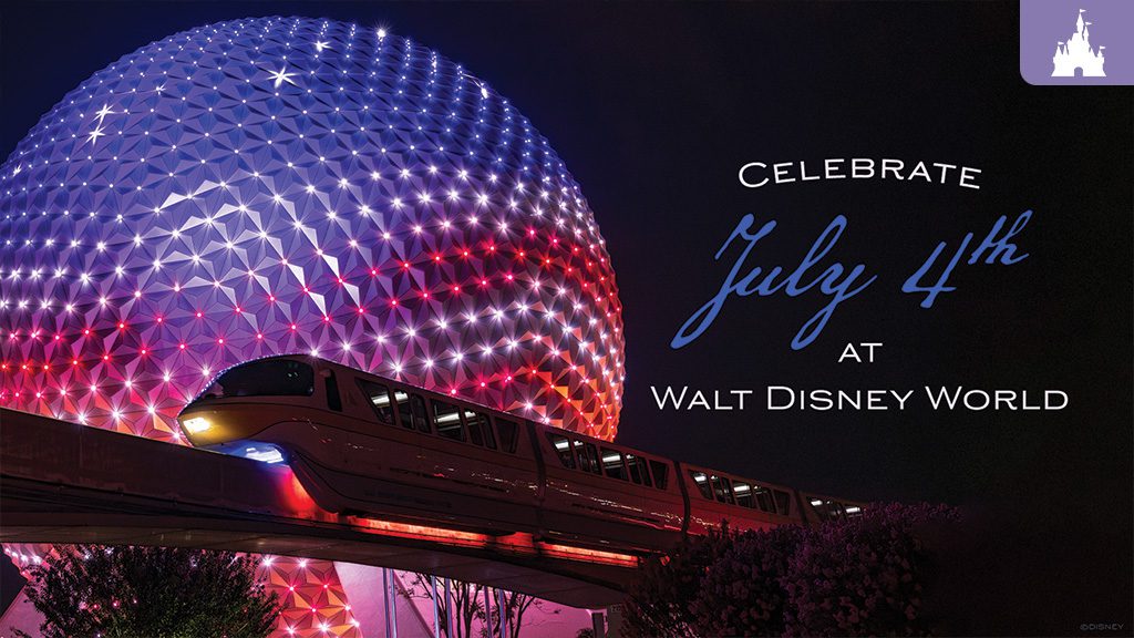 disney-world-july-4th-celebrate A colorful night scene featuring a monorail near a large illuminated geodesic sphere, promoting July 4th celebrations at Walt Disney World.
