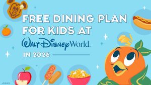 Colorful promo graphic for Walt Disney World showing free kids' dining plan in 2026, with cartoon foods and Orange Bird character.