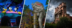 A triptych featuring colorful scenes: Mickey Mouse in a ride, a large AT-AT walker, and a spooky tower against a stormy sky.