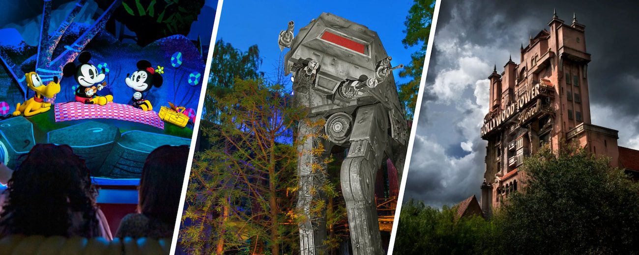 A triptych featuring colorful scenes: Mickey Mouse in a ride, a large AT-AT walker, and a spooky tower against a stormy sky.