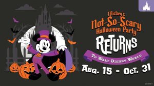 Mickey Mouse in a purple costume with pumpkins, bats, and a castle promoting Mickey's Not-So-Scary Halloween Party, Aug. 15 – Oct. 31.