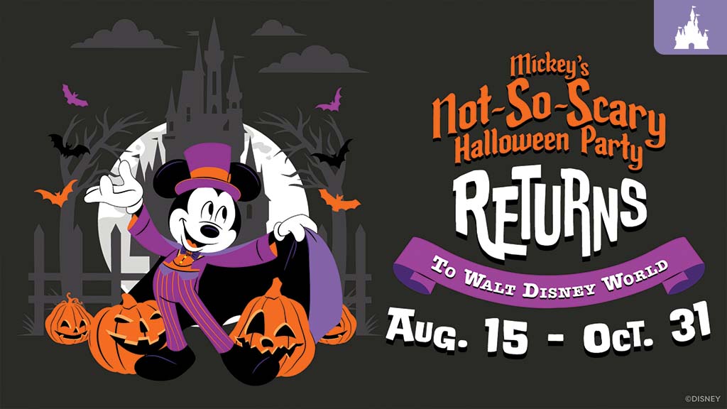 Mickey Mouse in a purple costume with pumpkins, bats, and a castle promoting Mickey's Not-So-Scary Halloween Party, Aug. 15 – Oct. 31.