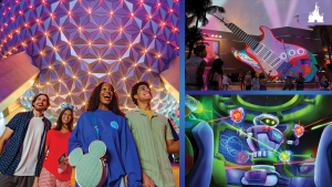 Guests explore EPCOT at night, with views of a colorful Spaceship Earth, a giant guitar at Rock 'n' Roller Coaster, and Buzz Lightyear ride updates.