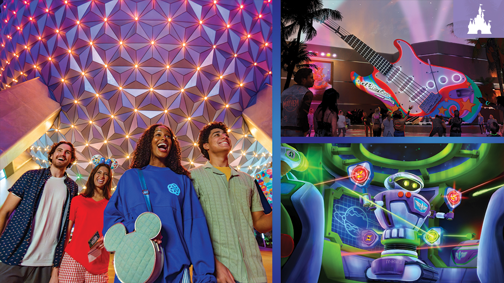 Guests explore EPCOT at night, with views of a colorful Spaceship Earth, a giant guitar at Rock 'n' Roller Coaster, and Buzz Lightyear ride updates.