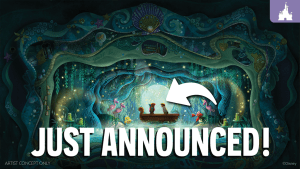 A colorful underwater scene with characters in a boat, illuminated by glowing plants and sea creatures, with "JUST ANNOUNCED!" text prominently displayed.