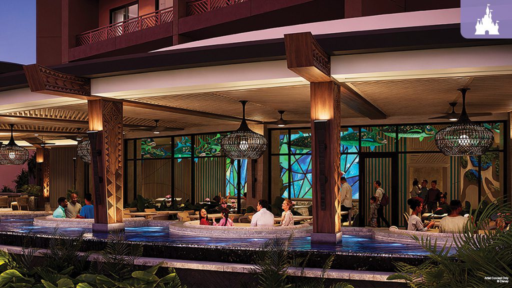 Guests dine at Wailulu Bar & Grill with Polynesian decor, outdoor seating, and vibrant glass accents at Disney’s Polynesian Villas.