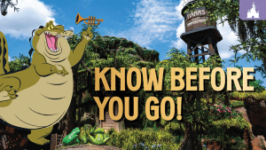 A cartoon alligator plays a trumpet with a scenic jungle background. The text reads "KNOW BEFORE YOU GO!" in bold letters.
