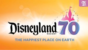 Disneyland Resort 70th anniversary logo featuring the classic Disneyland text, a stylized pink castle, and a colorful "70" with the tagline "The Happiest Place on Earth" on a golden background.